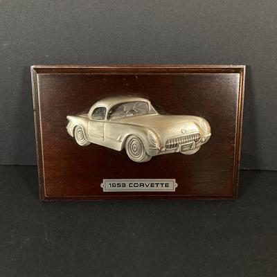 LOT 131: Vintage Metal 53 Red Corvette, The National Corvette Museum Blue Flame 53 Print, 3 Dimensional Wall Plaque and Two Diecast...