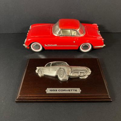 LOT 131: Vintage Metal 53 Red Corvette, The National Corvette Museum Blue Flame 53 Print, 3 Dimensional Wall Plaque and Two Diecast...