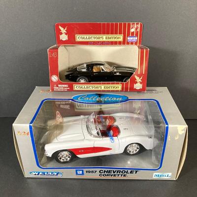 LOT 131: Vintage Metal 53 Red Corvette, The National Corvette Museum Blue Flame 53 Print, 3 Dimensional Wall Plaque and Two Diecast...