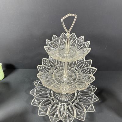 LOT 146: Vintage Kawhana Small Uranium Glass Pitcher with Diamond Shaped Handle, Milk Glass Footed Creamer and Sugar Bowl Three Tier...