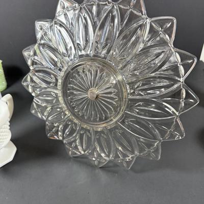 LOT 146: Vintage Kawhana Small Uranium Glass Pitcher with Diamond Shaped Handle, Milk Glass Footed Creamer and Sugar Bowl Three Tier...