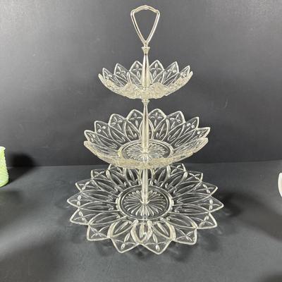 LOT 146: Vintage Kawhana Small Uranium Glass Pitcher with Diamond Shaped Handle, Milk Glass Footed Creamer and Sugar Bowl Three Tier...