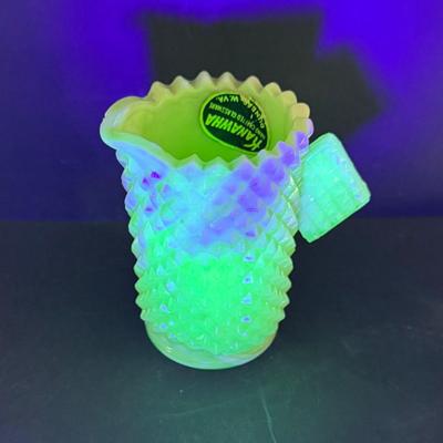 LOT 146: Vintage Kawhana Small Uranium Glass Pitcher with Diamond Shaped Handle, Milk Glass Footed Creamer and Sugar Bowl Three Tier...