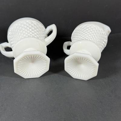 LOT 146: Vintage Kawhana Small Uranium Glass Pitcher with Diamond Shaped Handle, Milk Glass Footed Creamer and Sugar Bowl Three Tier...