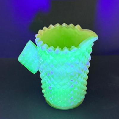 LOT 146: Vintage Kawhana Small Uranium Glass Pitcher with Diamond Shaped Handle, Milk Glass Footed Creamer and Sugar Bowl Three Tier...