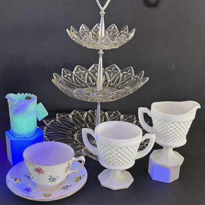 LOT 146: Vintage Kawhana Small Uranium Glass Pitcher with Diamond Shaped Handle, Milk Glass Footed Creamer and Sugar Bowl Three Tier...