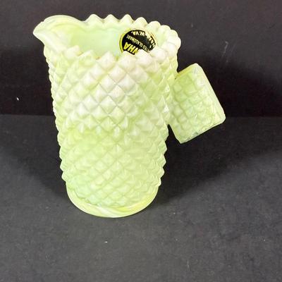 LOT 146: Vintage Kawhana Small Uranium Glass Pitcher with Diamond Shaped Handle, Milk Glass Footed Creamer and Sugar Bowl Three Tier...