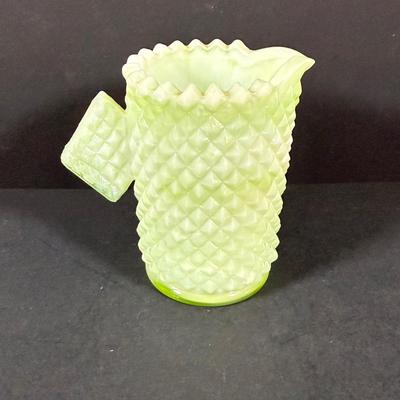 LOT 146: Vintage Kawhana Small Uranium Glass Pitcher with Diamond Shaped Handle, Milk Glass Footed Creamer and Sugar Bowl Three Tier...