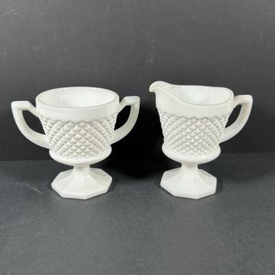 LOT 146: Vintage Kawhana Small Uranium Glass Pitcher with Diamond Shaped Handle, Milk Glass Footed Creamer and Sugar Bowl Three Tier...