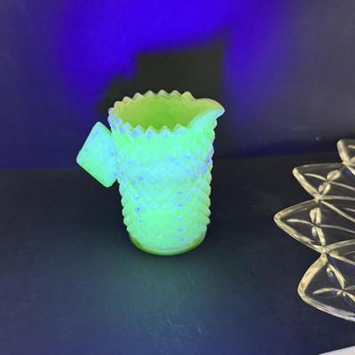 LOT 146: Vintage Kawhana Small Uranium Glass Pitcher with Diamond Shaped Handle, Milk Glass Footed Creamer and Sugar Bowl Three Tier...