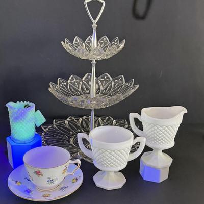 LOT 146: Vintage Kawhana Small Uranium Glass Pitcher with Diamond Shaped Handle, Milk Glass Footed Creamer and Sugar Bowl Three Tier...