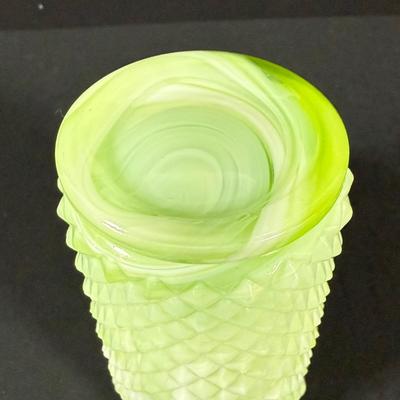LOT 146: Vintage Kawhana Small Uranium Glass Pitcher with Diamond Shaped Handle, Milk Glass Footed Creamer and Sugar Bowl Three Tier...