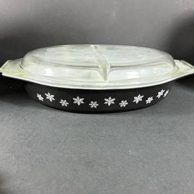 LOT 148: Vintage Pyrex Black and White Snowflake Oval Covered Dish, Pyrex Coffee Pot Aluminum Ice Tray, Embroidered Days of the Week Dish...