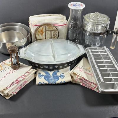 LOT 148: Vintage Pyrex Black and White Snowflake Oval Covered Dish, Pyrex Coffee Pot Aluminum Ice Tray, Embroidered Days of the Week Dish...