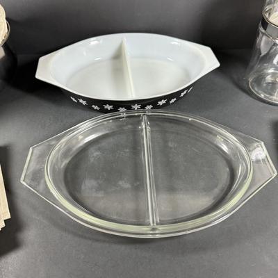 LOT 148: Vintage Pyrex Black and White Snowflake Oval Covered Dish, Pyrex Coffee Pot Aluminum Ice Tray, Embroidered Days of the Week Dish...