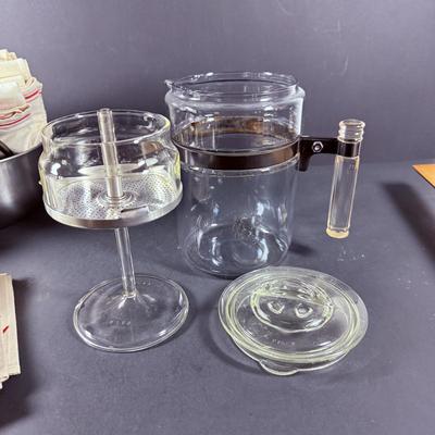 LOT 148: Vintage Pyrex Black and White Snowflake Oval Covered Dish, Pyrex Coffee Pot Aluminum Ice Tray, Embroidered Days of the Week Dish...