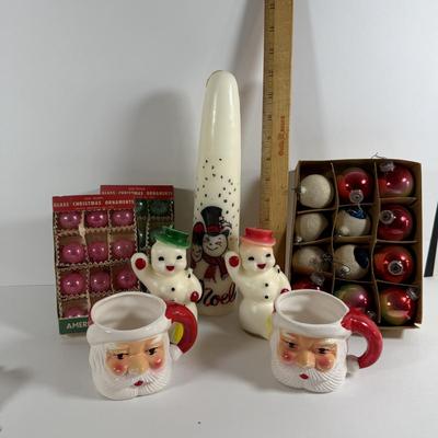 LOT 197: Nostalgic Christmas Collection Including Glass Bulbs, Vintage Light Set, Candles and Mugs