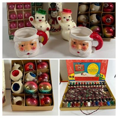 LOT 197: Nostalgic Christmas Collection Including Glass Bulbs, Vintage Light Set, Candles and Mugs