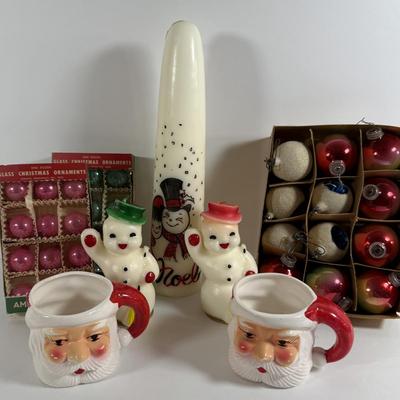 LOT 197: Nostalgic Christmas Collection Including Glass Bulbs, Vintage Light Set, Candles and Mugs