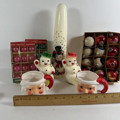 LOT 197: Nostalgic Christmas Collection Including Glass Bulbs, Vintage Light Set, Candles and Mugs