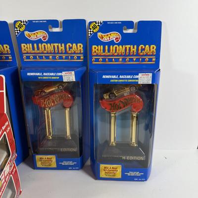 LOT 198 Set of Four (4): Hot Wheels Billionth Car Collection Corvettes, Two (2) Revell Die Cast Corvettes and Trading Cards