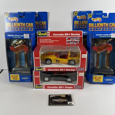 LOT 198 Set of Four (4): Hot Wheels Billionth Car Collection Corvettes, Two (2) Revell Die Cast Corvettes and Trading Cards