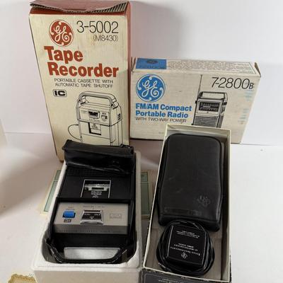 LOT 200: Vintage Electronics - GE 3-5002 Tape Recorder with Mic, Unopened GE AM/FM Compact Portable Radio 7-2800 and a Texas Instruments...