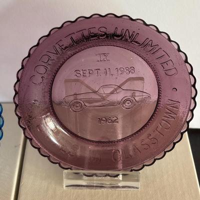 LOT 246: Wheaton Art Glass Cobalt Blue Chevrolet Corvette Decanter, Great American Cars Corvette Paper Weight, Corvettes in Glasstown...