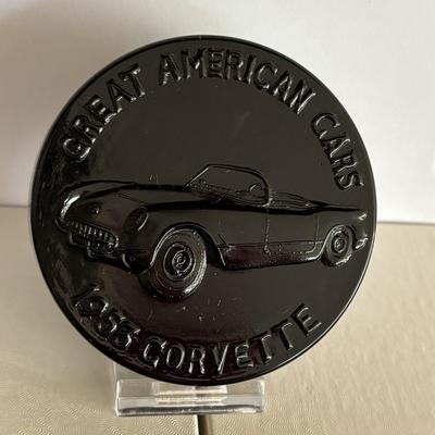 LOT 246: Wheaton Art Glass Cobalt Blue Chevrolet Corvette Decanter, Great American Cars Corvette Paper Weight, Corvettes in Glasstown...