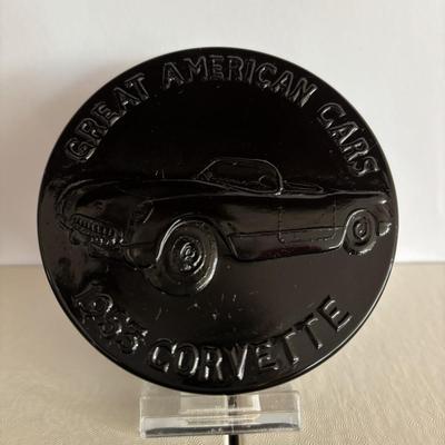 LOT 246: Wheaton Art Glass Cobalt Blue Chevrolet Corvette Decanter, Great American Cars Corvette Paper Weight, Corvettes in Glasstown...