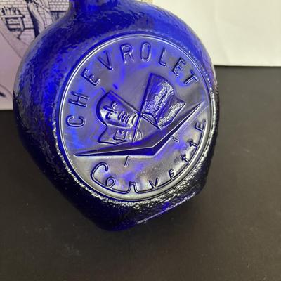 LOT 246: Wheaton Art Glass Cobalt Blue Chevrolet Corvette Decanter, Great American Cars Corvette Paper Weight, Corvettes in Glasstown...