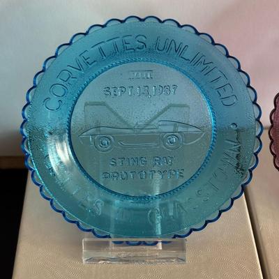 LOT 246: Wheaton Art Glass Cobalt Blue Chevrolet Corvette Decanter, Great American Cars Corvette Paper Weight, Corvettes in Glasstown...