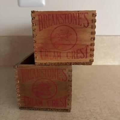 LOT 248: Vintage Wood Boxes: Cooper Sharp Cheese, Breakstone's Cream Cheese, Tuxedo Brand Cream Cheese