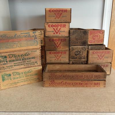 LOT 248: Vintage Wood Boxes: Cooper Sharp Cheese, Breakstone's Cream Cheese, Tuxedo Brand Cream Cheese