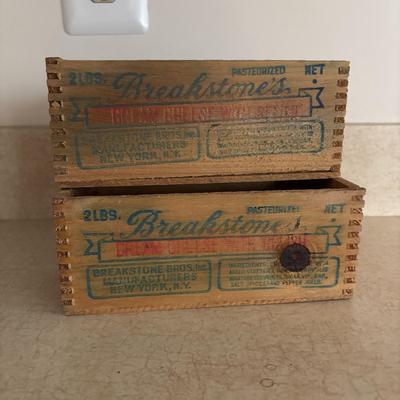 LOT 248: Vintage Wood Boxes: Cooper Sharp Cheese, Breakstone's Cream Cheese, Tuxedo Brand Cream Cheese