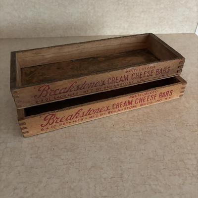 LOT 248: Vintage Wood Boxes: Cooper Sharp Cheese, Breakstone's Cream Cheese, Tuxedo Brand Cream Cheese