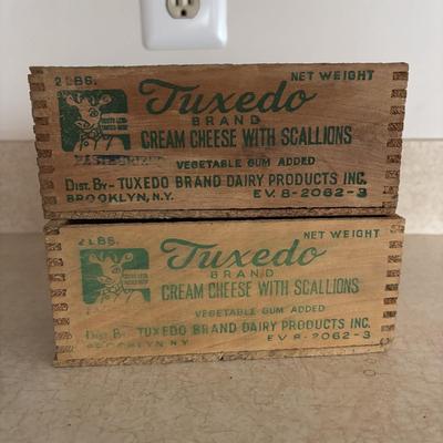 LOT 248: Vintage Wood Boxes: Cooper Sharp Cheese, Breakstone's Cream Cheese, Tuxedo Brand Cream Cheese
