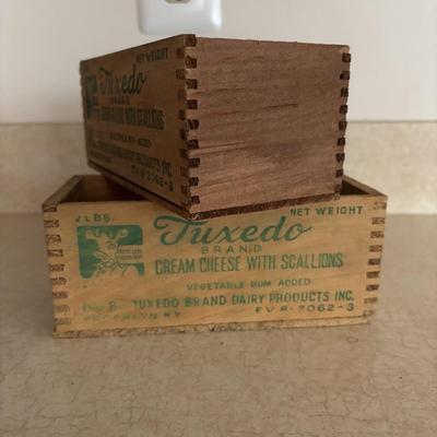 LOT 248: Vintage Wood Boxes: Cooper Sharp Cheese, Breakstone's Cream Cheese, Tuxedo Brand Cream Cheese