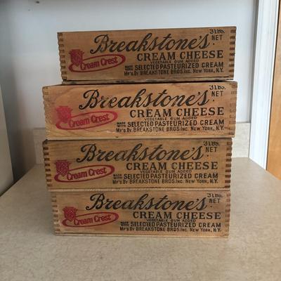 LOT 248: Vintage Wood Boxes: Cooper Sharp Cheese, Breakstone's Cream Cheese, Tuxedo Brand Cream Cheese