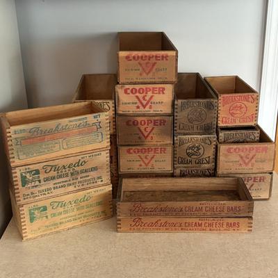 LOT 248: Vintage Wood Boxes: Cooper Sharp Cheese, Breakstone's Cream Cheese, Tuxedo Brand Cream Cheese