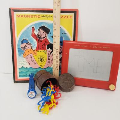 LOT 79: Vintage Woody Woodpecker Watch, Barrel of Monkeys, Playskool Magnetic Puzzle & Etch a Sketch