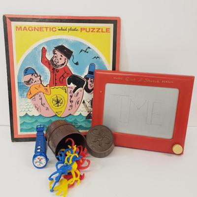 LOT 79: Vintage Woody Woodpecker Watch, Barrel of Monkeys, Playskool Magnetic Puzzle & Etch a Sketch