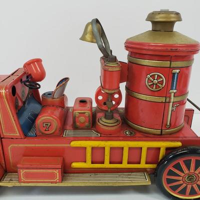 LOT 105: Vintage TM Toys Tin Litho Fire Trucks