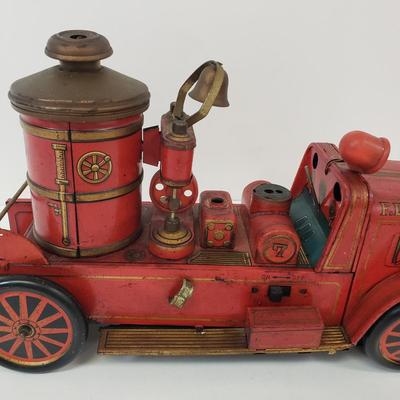 LOT 105: Vintage TM Toys Tin Litho Fire Trucks
