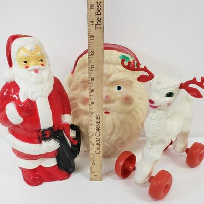 LOT 141: Vintage Empire Santa Blowmold & Reindeer Pull Toy with Santa Mask