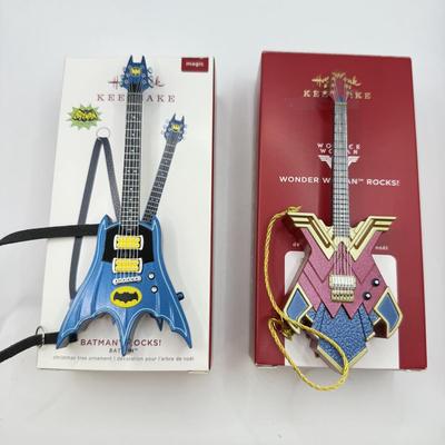 LOT 171: Hallmark Keepsake Guitar Magic Ornaments in Boxes: Wonder Woman Rocks & Batman Rocks