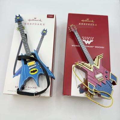 LOT 171: Hallmark Keepsake Guitar Magic Ornaments in Boxes: Wonder Woman Rocks & Batman Rocks