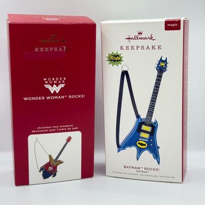 LOT 171: Hallmark Keepsake Guitar Magic Ornaments in Boxes: Wonder Woman Rocks & Batman Rocks