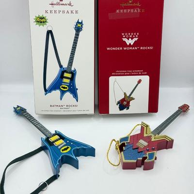 LOT 171: Hallmark Keepsake Guitar Magic Ornaments in Boxes: Wonder Woman Rocks & Batman Rocks