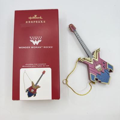 LOT 171: Hallmark Keepsake Guitar Magic Ornaments in Boxes: Wonder Woman Rocks & Batman Rocks
